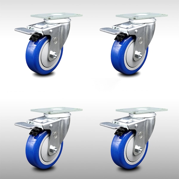 4 Inch SS Blue Polyurethane Top Plate Caster Set Total Lock Brake SCC